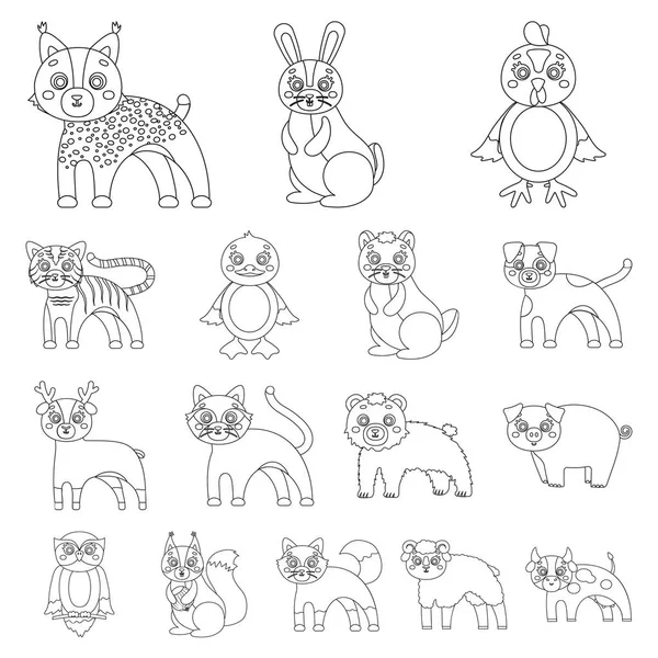 Игрушки животных очерчивают иконки в наборе коллекции для дизайна. Иллюстрация векторных символов птиц, хищников и травоядных животных . — стоковый вектор
