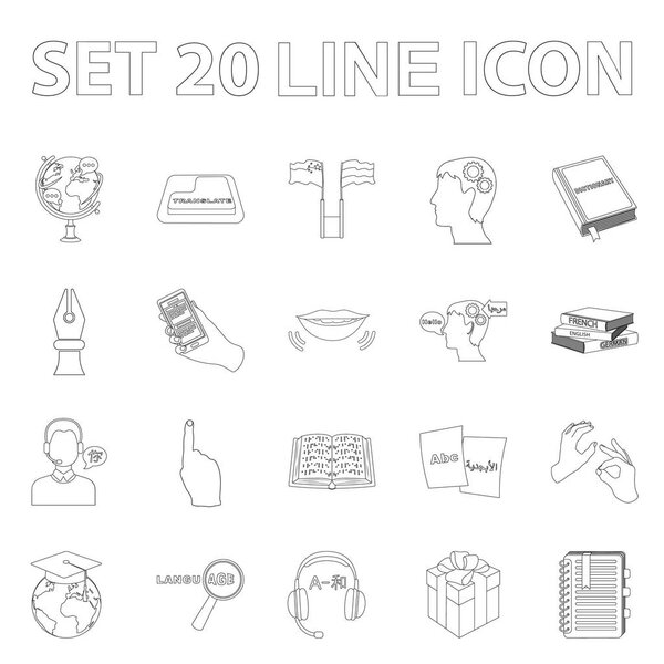 Translator and linguist outline icons in set collection for design. Interpreter vector symbol stock web illustration.