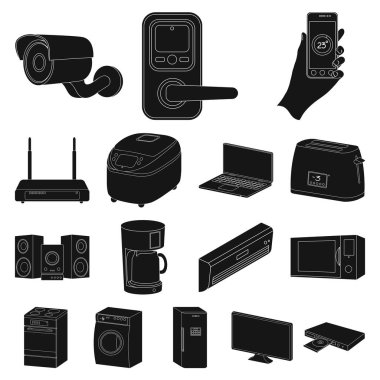 Akıllı ev aletleri set koleksiyonu tasarım için simgeler siyah. Modern ev aletleri sembol stok web illüstrasyon vektör.