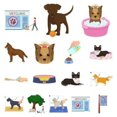 Set koleksiyonu tasarım için evde beslenen hayvan karikatür simgeler. Bakım ve eğitim sembol stok web illüstrasyon vektör.