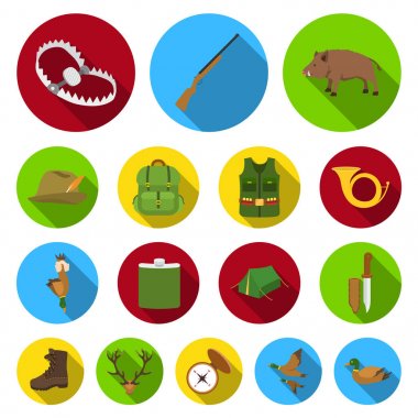 Düz set koleksiyonu tasarım için simgeleri Avcılık ve kupa. Avcılık ve ekipman sembol stok web illüstrasyon vektör.