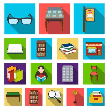 Kütüphane ve kitabevi düz simgeler set koleksiyonu tasarım için. Kitap ve mobilyalar sembol stok web illüstrasyon vektör.