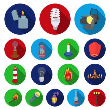 Işık kaynağı set koleksiyonu tasarım için düz simgeler. Işık ve ekipman sembol stok web illüstrasyon vektör.