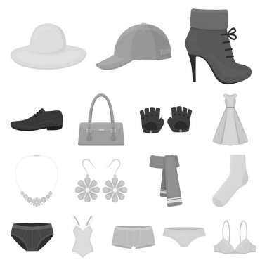 Giysi ve aksesuarları tek renkli simgeler set koleksiyonu tasarım için. Ayakkabı ve dekorasyon sembol stok web illüstrasyon vektör.