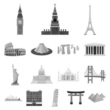 Set koleksiyonu tasarım için farklı ülkeler tek renkli simgeler görülecek. Ünlü bina sembol stok web illüstrasyon vektör.