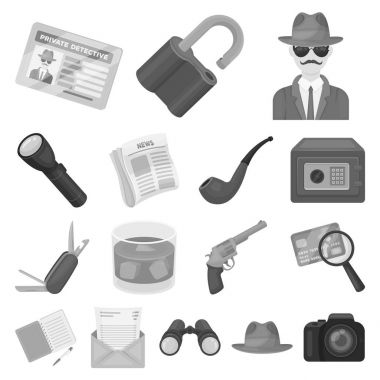 Dedektif ve öznitelikler tek renkli simgeler set koleksiyonu tasarım için. Dedektif ajansı vektör simge stok web çizim.