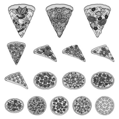 Farklı pizza set koleksiyonu tasarım için tek renkli simgeler. Pizza yemek vektör simge stok web çizim.