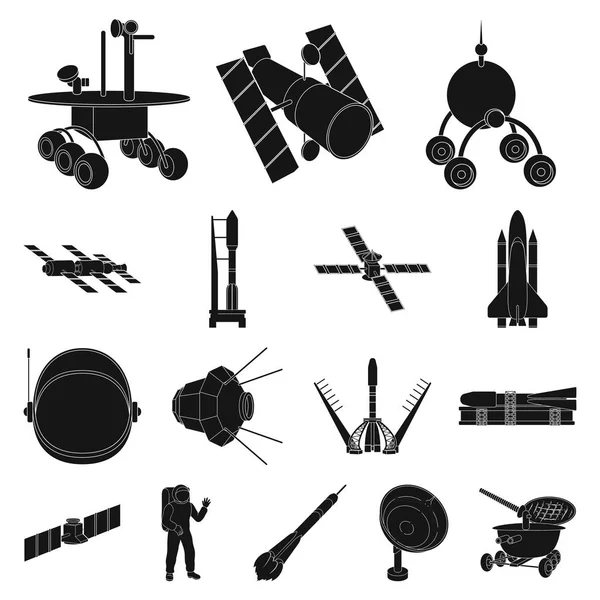 Iconos negros de la tecnología espacial en la colección del sistema para el diseño.Ilustración de la tela de la tela del símbolo del vector de la nave espacial y del equipo . — Vector de stock