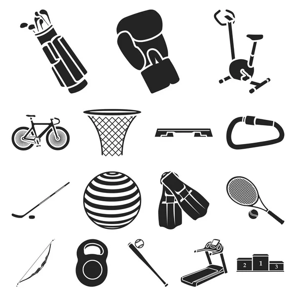 Verschiedene Arten von schwarzen Sportsymbolen in Set-Kollektion für Design. Sport Ausrüstung Vektor Symbol Stock Web Illustration. — Stockvektor