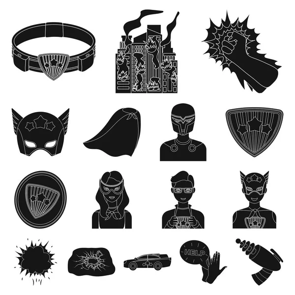 Um fantástico super-herói ícones pretos na coleção de conjuntos para design. Superheros equipamento vetor símbolo web ilustração . — Vetor de Stock