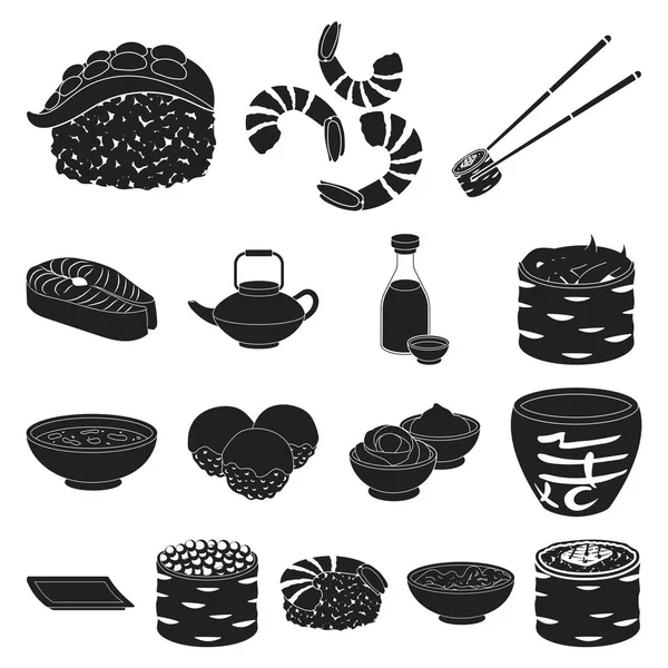 Sushi und Würze schwarze Symbole in Set-Kollektion für Design. Meeresfrüchte Lebensmittel, Zubehör Vektor Symbol Stock Web-Illustration. — Stockvektor