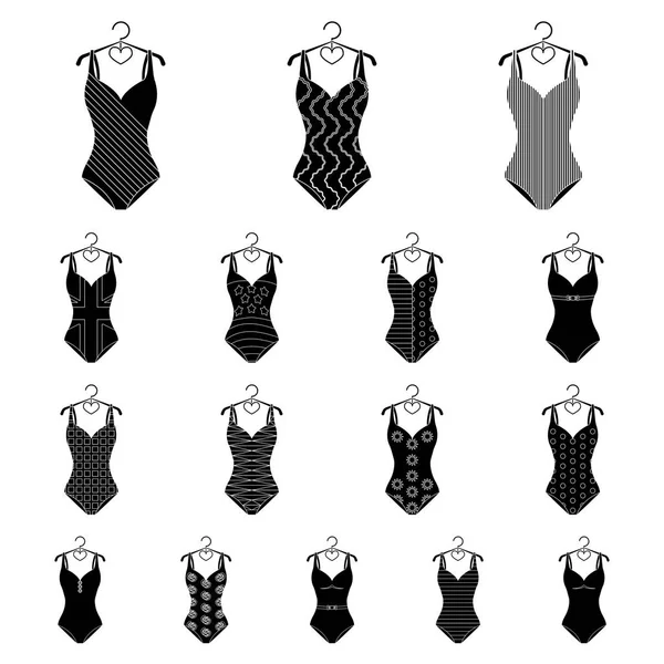 Diferentes tipos de trajes de baño iconos negros en la colección de conjuntos para el diseño. Accesorios de natación vector símbolo stock web ilustración . — Archivo Imágenes Vectoriales