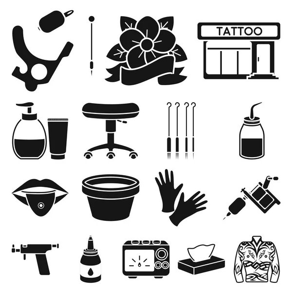 Tatuaż, rysunek na ciele czarny ikony w kolekcja zestaw do projektowania. Salon tatuażu i sprzęt symbol web czas ilustracja wektorowa. — Wektor stockowy