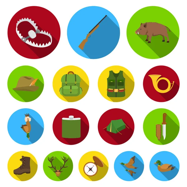 Düz set koleksiyonu tasarım için simgeleri Avcılık ve kupa. Avcılık ve ekipman sembol stok web illüstrasyon vektör.