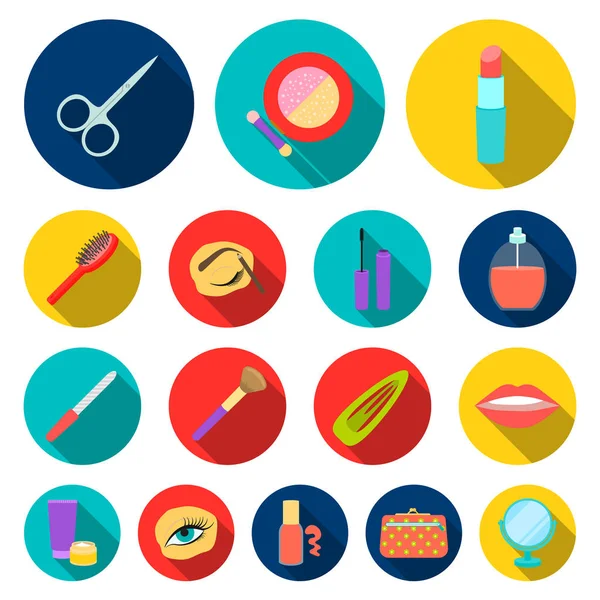 Maquillaje y cosméticos iconos planos en la colección de conjuntos para el diseño. Maquillaje y equipo vector símbolo stock web ilustración . — Archivo Imágenes Vectoriales