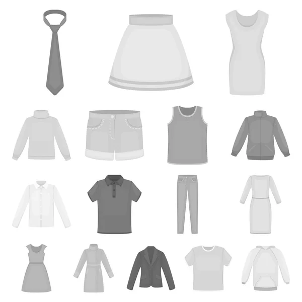 Διαφορετικά είδη ρούχα μονόχρωμες εικόνες set συλλογής για το σχεδιασμό. Ρούχα και στυλ σύμβολο μετοχής web εικονογράφηση διάνυσμα. — Διανυσματικό Αρχείο