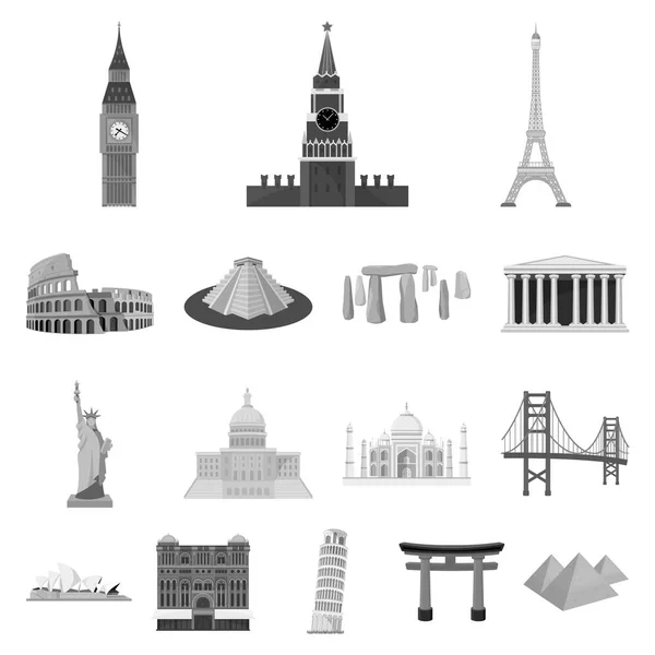 Bezienswaardigheden van verschillende landen zwart-wit pictogrammen in set collectie voor design. Beroemde gebouw symbool voorraad web illustratie vector. — Stockvector