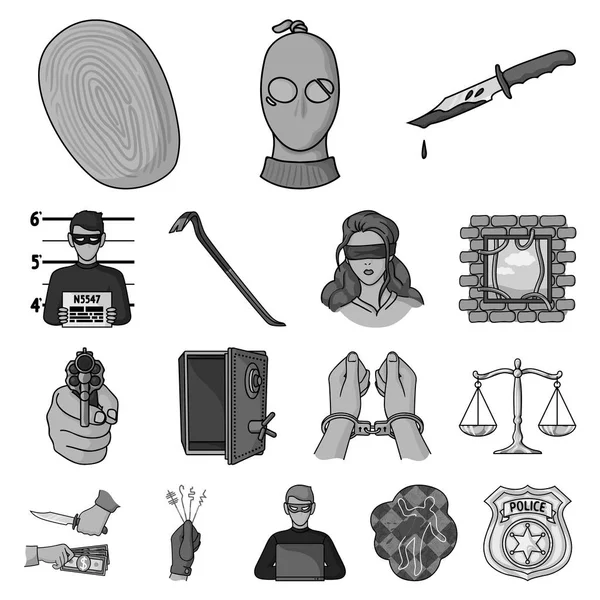 Έγκλημα και τιμωρία μονόχρωμες εικόνες set συλλογής για το σχεδιασμό. Εικονογράφηση απόθεμα web σύμβολο ποινικές φορέα. — Διανυσματικό Αρχείο