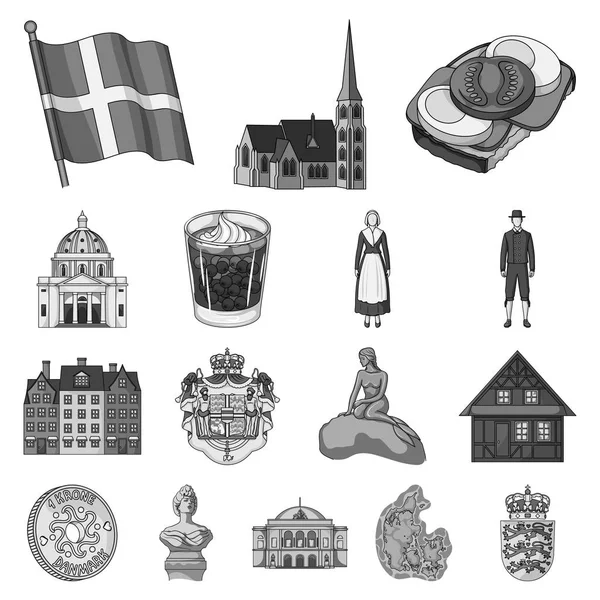 País Dinamarca iconos monocromáticos en colección de conjuntos para el diseño. Viajes y atracciones Dinamarca vector símbolo stock web ilustración . — Vector de stock