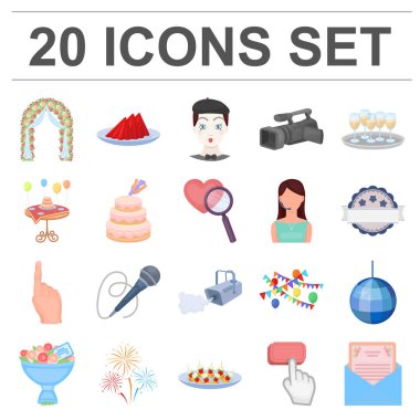 Set koleksiyonu tasarım için olay organizasyon karikatür simgeler. Kutlama ve öznitelikleri sembol stok web illüstrasyon vektör.