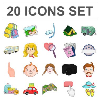 Set koleksiyonu tasarım için aile tatil karikatür simgeler. Rekreasyon ve ekipmanları. vektör simge stok web çizimi.