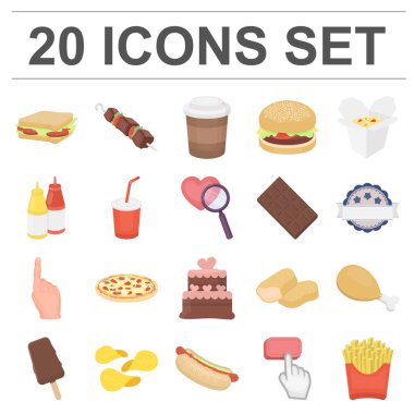 Fast food çizgi film set koleksiyonu tasarım için simgeler. Yarı bitmiş ürünler gıdalardan sembol stok web illüstrasyon vektör.