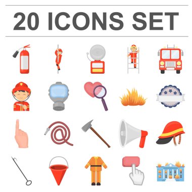 Set koleksiyonu tasarım için itfaiye karikatür simgeler. İtfaiye eri ve ekipman sembol stok web illüstrasyon vektör.