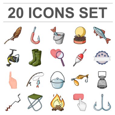 Balıkçılık ve diğer set koleksiyonu tasarım için simgeleri karikatür. Vektör simge stok web illüstrasyon Balık tutma için mücadele.