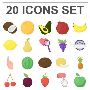 Farklı meyve set koleksiyonu tasarım için simgeleri karikatür. Meyve ve vitaminler sembol stok web illüstrasyon vektör.