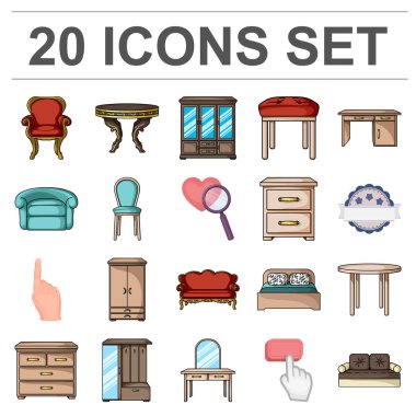 Mobilya ve iç karikatür simgeleri set koleksiyonu tasarım için. Ev mobilyaları vektör simge stok web çizimi.