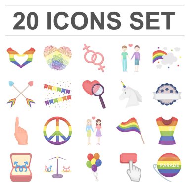 Gay ve lezbiyen karikatür simgeleri set koleksiyonu tasarım için. Cinsel azınlık ve öznitelikleri sembol stok web illüstrasyon vektör.