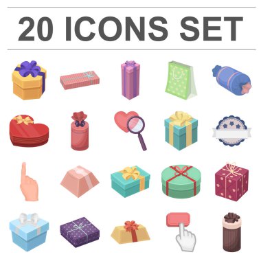 Hediye ve set koleksiyonu tasarım için karikatür simgeleri ambalaj. Renkli ambalaj sembol stok web illüstrasyon vektör.