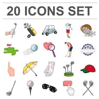 Golf ve öznitelikleri set koleksiyonu tasarım için simgeleri karikatür. Golf Kulübü ve ekipman sembol stok web illüstrasyon vektör.