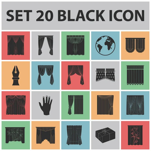 Různé druhy záclon černé ikony v nastavení kolekce pro design. Závěsy a lambrekýnů vektorové ilustrace symbolů akcií web. — Stockový vektor