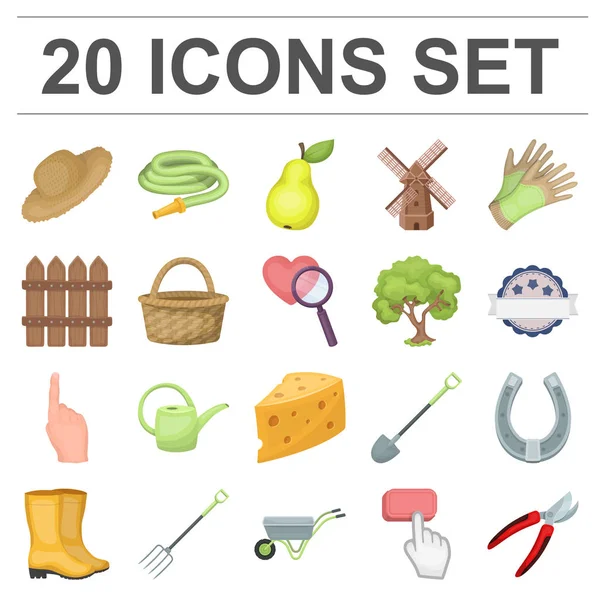 Çiftlik ve set koleksiyonu tasarım için Bahçe karikatür simgeleri. Çiftlik ve ekipman sembol stok web illüstrasyon vektör.