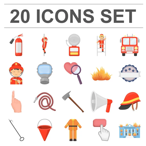 Set koleksiyonu tasarım için itfaiye karikatür simgeler. İtfaiye eri ve ekipman sembol stok web illüstrasyon vektör.