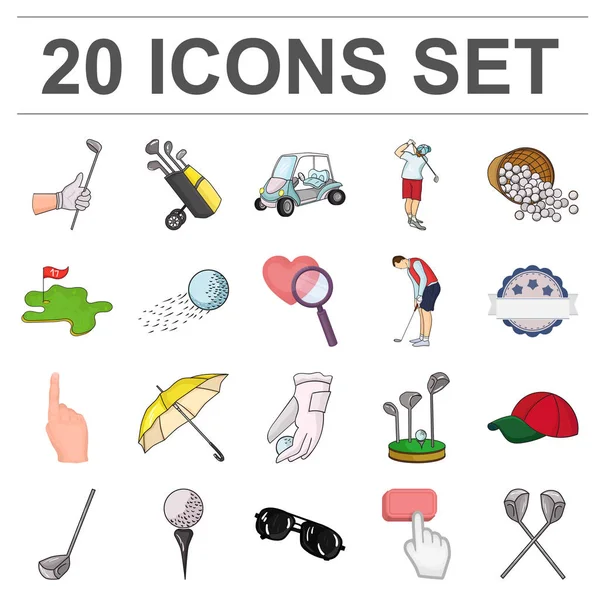 Golf ve öznitelikleri set koleksiyonu tasarım için simgeleri karikatür. Golf Kulübü ve ekipman sembol stok web illüstrasyon vektör.