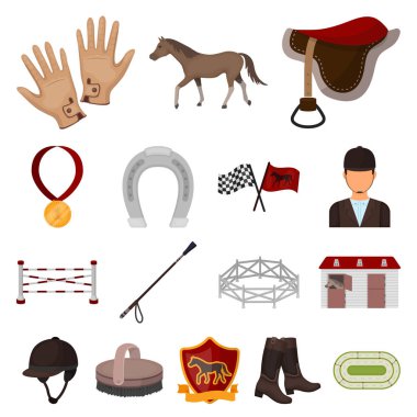 Hipodrom ve at çizgi film set koleksiyonu tasarım için simgeler. Sembol stok web illüstrasyon vektör at yarışı ve ekipman.