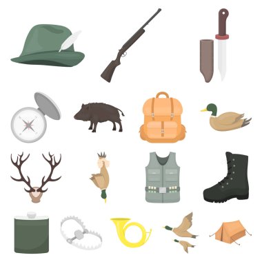 Avcılık ve kupa set koleksiyonu tasarım için simgeleri karikatür. Avcılık ve ekipman sembol stok web illüstrasyon vektör.