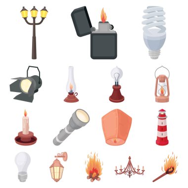 Set koleksiyonu tasarım için ışık kaynağı karikatür simgeler. Işık ve ekipman sembol stok web illüstrasyon vektör.