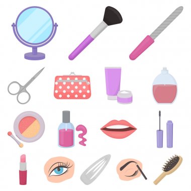 Makyaj ve kozmetik set koleksiyonu tasarım için simgeleri karikatür. Makyaj ve ekipman sembol stok web illüstrasyon vektör.