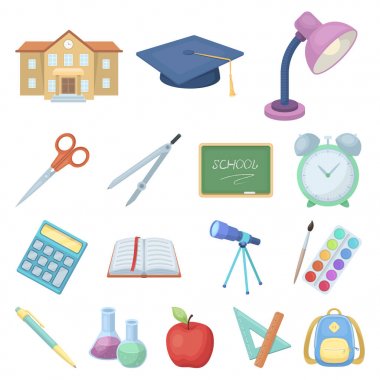 Set koleksiyonu tasarım için okul ve eğitim karikatür simgeler. Üniversite, ekipman ve aksesuarları sembol stok web illüstrasyon vektör.