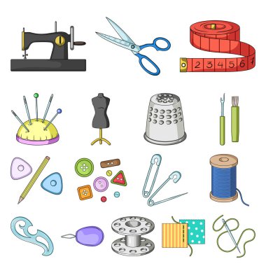 Dikiş, atelier karikatür simgeleri toplama tasarımı için ayarlayın. Araç kiti vektör simge stok web çizim.