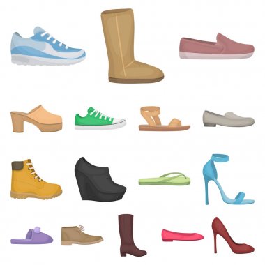 Ayakkabı çeşitli karikatür set koleksiyonu tasarım için simgeler. Önyükleme, spor ayakkabı sembol stok web illüstrasyon vektör.