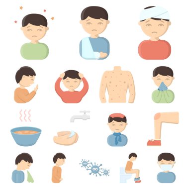Set koleksiyonu tasarım için hasta adam karikatür simgeler. Hastalık ve tedavi sembol stok web illüstrasyon vektör.