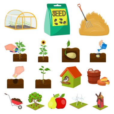 Set koleksiyonu tasarım için çiftlik ve tarım karikatür simgeler. Bahçe ve bitki izometrik vektör simge stok web çizim.