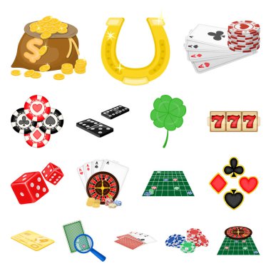 Set koleksiyonu tasarım için Casino ve ekipman karikatür simgeler. Kumar ve para sembol stok web illüstrasyon vektör.