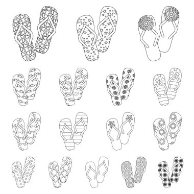 Parmak arası terlik set koleksiyonu tasarım için simgeleri anahat. Beach ayakkabı sembol stok web illüstrasyon vektör.