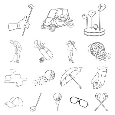 Golf ve öznitelikleri set koleksiyonu tasarım için simgeleri anahat. Golf Kulübü ve ekipman sembol stok web illüstrasyon vektör.