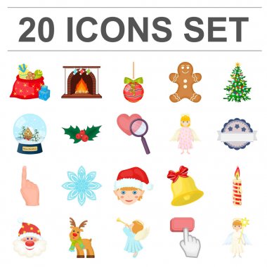 Noel öznitelikleri ve aksesuarlar set koleksiyonu tasarım için simgeleri karikatür. Neşeli Noel vektör simge stok web çizim.